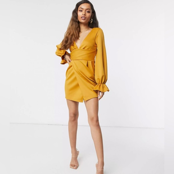 ASOS Design Petite Wrap Plunge Mini Dress with Flute Sleeve in Mustard - Picture 2 of 9